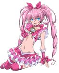  blue_eyes breasts brooch choker cure_melody eyebrows_visible_through_hair frilled_skirt frills hairband hand_under_clothes highres houjou_hibiki jewelry long_hair looking_at_viewer looking_to_the_side magical_girl midriff navel open_mouth pink_hair pink_skirt precure sena_monaco simple_background skirt small_breasts solo suite_precure thighhighs twintails underboob white_background 
