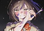  1girl art_brush blush bob_cut brown_eyes brown_hair buttons cardigan clenched_teeth close-up collared_shirt crying crying_with_eyes_open dark_background dated dot_nose dress_shirt floating_hair frown half-closed_eyes hand_up highres holding holding_paintbrush light_particles neck_ribbon nose_blush paint paint_splatter paint_splatter_on_face paintbrush parted_lips project_sekai red_ribbon ribbon shinonome_ena shirt short_hair signature simple_background smirk solo sparkle streaming_tears swept_bangs tears teeth thick_eyelashes tsurime upper_body v-shaped_eyebrows w0m4ru white_shirt wiping_face yellow_cardigan 