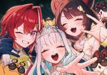  3girls :3 ^_^ absurdres aiguillette ange_katrina animal animal_ears banken_(inui_toko) bird blue_hair blunt_bangs blush brown_hair closed_eyes commentary_request creature crossed_bangs cup_hair_ornament dog_ears earrings fangs feather_earrings feathers grin hair_between_eyes hair_ornament hand_up highres inui_toko jewelry lips lize_helesta long_hair looking_at_viewer mandragora mandragora_(ange_katrina) matching_eyewear matsugi_zuntaro multicolored_hair multiple_girls nijisanji nijisanji_idol_uniform number_glasses one_eye_closed open_mouth purple_eyes reaching reaching_towards_viewer red_hair sanbaka_(nijisanji) sebastian_piyodore shaka_sign silver_tiara smile streaked_hair sunglasses swept_bangs teeth triangle_hair_ornament two-tone_hair upper_teeth_only virtual_youtuber watermark white_hair yellow_bird 