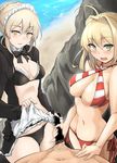  2girls artoria_pendragon_(all) artoria_pendragon_(swimsuit_rider_alter) beach bikini blonde_hair braid breasts censored commentary_request criss-cross_halter day fate/grand_order fate_(series) french_braid green_eyes halterneck handjob hetero highres hood hoodie maid_headdress momio multiple_girls nero_claudius_(fate)_(all) nero_claudius_(swimsuit_caster)_(fate) outdoors penis skirt skirt_lift striped striped_bikini swimsuit 