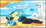 anthro beach beach_background beach_towel beach_umbrella big_ears bikini bikini_bottom bikini_top black_hands black_legs black_sclera blue_arms blue_body blush butt clothing cornymember curled_tail dewgong dialogue duo dyu ear_fins female fin foot_in_water fusion generation_1_pokemon generation_4_pokemon generation_8_pokemon grey_hands hands_on_chin head_fin hi_res inteleon long_tail looking_at_another looking_back lopunny lying male male/female multicolored_body nintendo on_elbow on_front parasol pokemon pokemon_(species) pokemon_fusion pupils raised_tail sand sea shoreline speech_bubble swimwear tail tempting text thought_bubble towel two-piece_swimsuit water white_body white_pupils wide_eyed wrist_fin yellow_eyes