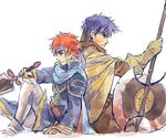  anocurry armor axe blue_eyes blue_hair cape cosplay durandal_(fire_emblem) eliwood_(fire_emblem) eliwood_(fire_emblem)_(cosplay) fingerless_gloves fire_emblem fire_emblem:_rekka_no_ken fire_emblem:_souen_no_kiseki fire_emblem_heroes gloves greil greil_(cosplay) headband ike male_focus multiple_boys red_hair roy_(fire_emblem) simple_background sword weapon 