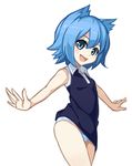  :d animal_ears bare_arms blue_dress blue_eyes blue_hair blush cat_ears collared_dress commentary_request cowboy_shot dress dress_lift from_side hair_between_eyes highres looking_at_viewer looking_to_the_side mo-re: nanami_ao open_mouth outstretched_arms panties short_hair simple_background sleeveless sleeveless_dress smile solo spread_arms standing tareme underwear white_background white_panties yozakura_quartet 