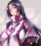  arm_guards bangs black_hair blush bodysuit breasts commentary_request fate/grand_order fate_(series) half-closed_eyes high_collar huge_breasts long_hair looking_at_viewer midoriiro_no_shinzou minamoto_no_raikou_(fate/grand_order) parted_bangs purple_eyes red_ribbon ribbed_sleeves ribbon shiny shiny_clothes shiny_hair smile solo turtleneck upper_body very_long_hair 