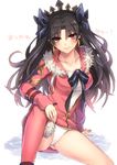  black_hair commentary_request earrings fate/grand_order fate_(series) fur_trim hood hoodie hoop_earrings ishtar_(fate/grand_order) ishtar_(swimsuit_rider)_(fate) jewelry long_hair long_legs looking_at_viewer one-piece_swimsuit red_eyes shikino_yuki sitting swimsuit two_side_up white_swimsuit 