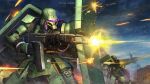  battle beam_rifle burning cable cloud cloudy_sky company_name copyright_notice damaged debris dirty energy_beam energy_gun explosion firing geara_zulu gundam gundam_battle_operation_2 gundam_unicorn highres holding holding_weapon machinery mecha mecha_focus mobile_suit neo_zeon official_art one-eyed painting_(medium) purple_eyes realistic robot scan science_fiction shield sky smoke sunrise_(company) tenjin_hidetaka traditional_media weapon 