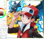  1boy art_program_in_frame backpack bag blue_fire brown_eyes buttons charizard closed_mouth coat fire hand_on_headwear hat highres looking_to_the_side male_focus mega_charizard_x official_alternate_costume pikachu pokemon pokemon_(creature) pokemon_masters_ex red_(pokemon) red_(sygna_suit)_(pokemon) red_coat red_hat shirt short_hair tako2_eaka three-quarter_sleeves twitter_username watermark 