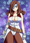  1girl absurdres beatrix_(ff9) belt breasts brown_eyes brown_hair cleavage curly_hair elbow_pads eyepatch final_fantasy final_fantasy_ix floral_background highleg highres large_breasts leotard looking_at_viewer loose_belt pantyhose serious single_arm_guard single_elbow_pad solo standing thigh_gap traditional_media yuuyuu_(3jjbn) 