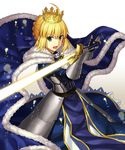  :o ahoge armor artoria_pendragon_(all) bangs blonde_hair blue_cape blue_dress cape crown dress energy_sword excalibur eyebrows_visible_through_hair fate/stay_night fate_(series) gauntlets green_eyes holding holding_sword holding_weapon light_particles long_dress looking_at_viewer npcpepper open_mouth saber short_hair solo standing sword tabard tied_hair v-shaped_eyebrows weapon white_background 