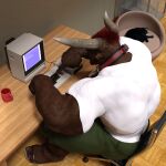 2020 2_horns 3d_(artwork) 5_toes anthro arm_hair barbas_thornhide barbas_thornhide_(character) beard bell bell_collar biceps black_body black_fur body_hair bottomwear bovid bovine brown_body brown_clothing brown_footwear brown_fur brown_sandals cat_bed cattle chair clothing coffee_mug collar computer desk digital_media_(artwork) domestic_cat electronics facial_hair feet felid feline felis feral footwear forearm_muscles fur furniture glass_case green_bottomwear green_clothing green_shorts hair hat headgear headwear hi_res high-angle_view horn inside keyboard leg_lick licking male mammal monitor muscular muscular_anthro muscular_male office_chair on_chair pet_bed red_clothing red_hat red_headwear sandals shoes shorts sitting sitting_on_chair solo stretching table toes tongue typing wall_(structure) white_hair wood wood_desk wood_furniture