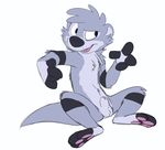  3_toes 4_fingers animal_genitalia anthro balls blue_eyes fur grey_fur male mammal mustelid olive_(xylious) open_mouth otter pawpads sheath simple_background solo toes xylious 