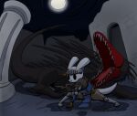 2025 ambiguous_gender anthro back_spines belt black_eyes blue_clothing blue_topwear bottomwear brown_belt brown_bottomwear brown_cape brown_clothing brown_gloves brown_handwear brown_pants cape cel_shading clothed clothing dark_souls duo empty_eyes feral fingers forked_tongue fromsoftware fully_clothed gloves handwear leg_armor lizard lizard_(rain_world) marielx moon night open_mouth outside pants pouch_(clothing) rain_world red_body red_lizard_(rain_world) reflection reptile scalie shaded sharp_teeth slugcat standing tail teeth tongue topwear videocult water white_body wide_stance