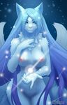  2017 ailaanne anthro blue_eyes blue_hair breasts canine constellation female fox hair long_hair looking_at_viewer mammal mane multi_tail nude reaching_towards_viewer solo star 