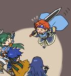  2girls armor axe blue_eyes blue_hair cape chibi closed_eyes collarbone cosplay durandal_(fire_emblem) eliwood_(fire_emblem) eliwood_(fire_emblem)_(cosplay) fire_emblem fire_emblem:_fuuin_no_tsurugi fire_emblem:_kakusei fire_emblem:_rekka_no_ken fire_emblem:_souen_no_kiseki fire_emblem_heroes greil greil_(cosplay) headband holding holding_weapon ike kita_senri long_hair lucina lyndis_(fire_emblem) multiple_boys multiple_girls red_hair roy_(fire_emblem) short_hair smile sword tiara very_long_hair weapon 