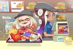  2girls artist_name cash_register cashier cephalopod_eyes closed_mouth commentary_request crossover dark_skin employee_uniform fangs fast_food fast_food_uniform food french_fries gradient_hair green_eyes hat highres hime_(splatoon) holding holding_tray iida_(splatoon) indoors lesuna long_hair looking_at_viewer mcdonald's mole mole_under_mouth multicolored_hair multiple_girls open_mouth outstretched_arms purple_hair red_hair shirt short_hair short_sleeves smile splatoon_(series) splatoon_2 standing suction_cups tentacle_hair tray uniform upper_body waitress white_hair yellow_eyes 