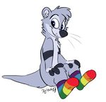  4_fingers anthro blue_eyes clothing fur grey_fur legwear male mammal mustelid otter simple_background sitting smile socks solo whiskers xylious 