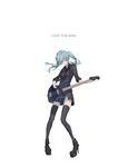  bangs bass_guitar black_footwear black_legwear black_shirt black_skirt blue_hair boots clock_lock_works_(vocaloid) closed_mouth collared_shirt copyright_name electric_guitar full_body green_eyes guitar hatsune_miku high_heel_boots high_heels highres holding holding_instrument instrument long_hair long_legs miniskirt music playing_instrument pleated_skirt shirt simple_background skirt sleeves_rolled_up solo song_name spencer_sais standing thighhighs tsurime twintails vocaloid white_background 