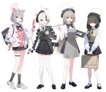  4girls absurdres ahoge animal_ears ankle_socks apron bag black_bag black_bow black_choker black_hat black_jacket black_necktie black_shoes black_skirt black_socks blue_archive blush bow brown_bag brown_hair brown_vest bullpup cat_choker cat_ears cat_girl cellphone choker closed_mouth diagonal-striped_bow diagonal-striped_clothes diagonal-striped_necktie dong_ji gloves green_eyes green_hair green_necktie grey_apron grey_eyes grey_hair gun hair_between_eyes hair_over_eyes hair_over_shoulder hand_in_pocket handgun hat highres holding holding_bag holding_brush holding_gun holding_paint_palette holding_phone holding_weapon jacket long_hair looking_at_viewer multicolored_hair multiple_girls necktie open_mouth original p90 paint_palette phone pink_shirt plaid_clothes plaid_skirt plaid_vest pleated_skirt shaded_face shirt shoes sidelocks skirt smartphone smile socks striped_clothes submachine_gun thighhighs two-tone_hair vest weapon white_gloves white_hair white_jacket white_shirt white_shoes white_thighhighs 