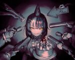 1girl arm_strap arrow_(symbol) birthday_cake cake candle character_request chest_sarashi choker dress food hair_ornament happy_birthday highres holding holding_party_popper holding_plate hololive hololive_english long_hair multicolored_hair party_horn party_popper plate sarashi shiori_novella sleeveless sleeveless_dress spot_color streaked_hair tablicoart virtual_youtuber yellow_eyes 