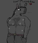 anthro barazoku belt belt_buckle big_pecs bodily_fluids body_hair broken_heart buckle bulge chest_hair detailed_bulge digital_media_(artwork) downtown_skybox_(hrt) ellipsis equid equine genital_outline hand_in_pocket happy_trail horse horse_race_tests male mammal microsoft_paint_(artwork) momo_thewitchcat musclegut muscular nipples no_shirt pecs penis_outline pixiefentanyl pockets shirtless shirtless_anthro shirtless_male solo solo_focus stubble sweat sweaty_body sweaty_pecs unzipped unzipped_pants zipper