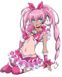 blue_eyes breasts brooch choker cure_melody eyebrows_visible_through_hair frilled_skirt frills hairband hand_under_clothes highres houjou_hibiki jewelry long_hair looking_at_viewer looking_to_the_side magical_girl midriff navel open_mouth pink_hair pink_skirt precure sena_monaco simple_background skirt small_breasts solo suite_precure tan tanline thighhighs twintails underboob white_background 