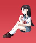  1girl absurdres black_hair blue_skirt brown_shoes collarbone frogbians from_side full_body grey_eyes half-closed_eyes hand_up kitsu_chiri long_hair neckerchief pleated_skirt red_background red_neckerchief sayonara_zetsubou_sensei school_uniform serafuku shirt shoes short_sleeves simple_background sitting skirt socks solo uniform white_shirt white_socks 