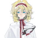  1girl :| alice_margatroid blonde_hair blue_eyes book capelet closed_mouth colored_eyelashes curly_hair gloves hair_between_eyes hair_intakes hairband holding holding_book long_sleeves medium_hair neck_ribbon red_hairband red_ribbon ribbon simple_background solo touhou upper_body white_background white_capelet white_gloves xian_qishui 