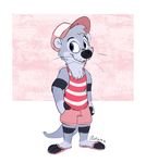  anthro blue_eyes clothing flip_flops fur grey_fur hands_in_pocket hat male mammal mustelid otter shirt shorts solo tank_top whiskers xylious 