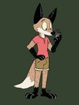  3_toes 4_fingers anthro black_fur canine clothing fox fur hand_on_hip male mammal orange_fur phone shirt shorts simple_background solo standing t-shirt toes whiskers white_fur xylious 
