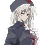  1girl black_hat black_shirt braid breasts closed_mouth curtained_hair eyes_visible_through_hair hat large_breasts long_hair parted_bangs red_eyes shirt side_braid simple_background solo touhou upper_body white_background white_hair xian_qishui yagokoro_eirin 