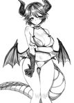  bare_legs bare_shoulders bikini blush breasts commentary_request dragon_girl dragon_horns dragon_tail dragon_wings gauntlets granblue_fantasy grea_(shingeki_no_bahamut) greyscale harigane_shinshi highres horns large_breasts looking_at_viewer monochrome pointy_ears pussy shingeki_no_bahamut short_hair single_gauntlet swimsuit tail wings 