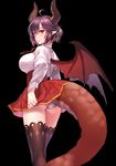  ass black_legwear breasts demmy dragon_tail dragon_wings granblue_fantasy grea_(shingeki_no_bahamut) highres horns large_breasts looking_at_viewer miniskirt panties purple_hair shingeki_no_bahamut short_hair skirt solo tail tail_lift underwear wings 