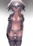  absurdres arm_behind_back ass_visible_through_thighs bangs black_hair black_legwear blonde_hair breasts caibao flipped_hair frown gloves gradient gradient_background grey_hair grey_panties hair_between_eyes highres jitome kemono_friends long_sleeves looking_at_viewer low_ponytail medium_breasts midriff multicolored_hair navel no_bra open_clothes open_shirt panties pantyhose pantyhose_pull pantyhose_under_shorts partially_undressed shirt shoebill_(kemono_friends) short_over_long_sleeves short_sleeves shorts shorts_pull side_ponytail solo thigh_gap underwear yellow_eyes 