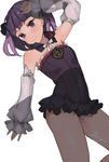 bare_shoulders blush detached_collar detached_sleeves fate/grand_order fate_(series) frills helena_blavatsky_(fate/grand_order) jewelry looking_at_viewer pendant purple_eyes purple_hair short_hair signature smile solo strapless uni_(melm) white_sleeves 