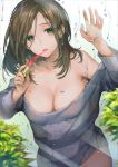 1girl bare_shoulders breasts cleavage collarbone earrings green_eyes grey_sweater jewelry kaguyuzu large_breasts light_brown_hair lipstick lipstick_tube long_hair long_sleeves looking_at_viewer makeup original parted_lips plant rain red_lipstick sweater window 