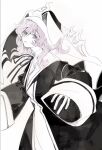  1girl closed_mouth cowboy_shot dress expressionless greyscale highres koumajou_densetsu long_hair long_sleeves monochrome neck_ribbon pink_hair puritan_collar ribbon saigyouji_yuyuko simple_background sleeves_past_wrists solo spot_color touhou veil white_background wide_sleeves xian_qishui 