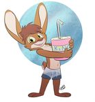  3_toes 4_fingers anthro brown_fur brown_hair brown_nose buckteeth clothing fur green_eyes hair lagomorph male mammal open_mouth rabbit shorts simple_background solo standing teeth toes xylious 