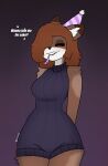 anthro birthday blush breasts brown_body brown_fur brown_hair clothed clothing crumb_(riverroo) domestic_cat eyes_closed felid feline felis female fur hair hat headgear headwear hi_res mammal markings party_hat party_horn riverroo smile solo spots spotted_markings sweater text topwear
