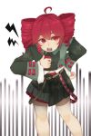 1girl ahoge artist-squared bare_legs buttons double-breasted drill_hair feet_out_of_frame grey_jacket hair_between_eyes highres holding holding_walkie-talkie jacket kasane_teto leaning_forward lightning_bolt_symbol looking_to_the_side midriff_peek open_mouth red_hair red_trim synthesizer_v teeth twin_drills upper_teeth_only utau vertical-striped_background walkie-talkie 