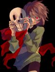  1other androgynous black_background black_shorts brown_hair chara_(undertale) constricted_pupils evil_grin evil_smile fffkace green_sweater grin highres holding_detached_head looking_at_viewer other_focus papyrus_(undertale) red_eyes red_scarf scarf short_hair shorts simple_background smile solo sweater undertale 