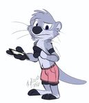  3_toes 4_fingers anthro blue_eyes clothing fur grey_fur male mammal mustelid olive_(xylious) otter phone shorts simple_background solo standing toes whiskers xylious 