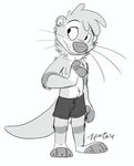  3_toe 4_fingers anthro clothing male mammal monochrome mustelid olive_(xylious) otter shorts simple_background solo standing whiskers xylious 