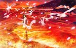  bird black_eyes black_hair commentary_request dress feathers flock flying gemi highres jacket long_hair long_sleeves mountain outdoors parted_lips pink_jacket red_sky reflection scarf scenery seagull shore sky solo standing sunset wading white_dress 