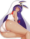  animal_ears ass blush breasts dark_skin earrings etan14 eyebrows_visible_through_hair facial_mark fate/grand_order fate_(series) highres jackal_ears jewelry large_breasts long_hair looking_at_viewer looking_back nitocris_(fate/grand_order) nitocris_(swimsuit_assassin)_(fate) one-piece_swimsuit purple_eyes purple_hair simple_background solo sweat swimsuit white_background white_swimsuit 