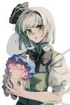  1girl :3 :o black_bow black_bowtie black_hairband blunt_ends blush_stickers bow bow_hairband bowtie character_doll collared_shirt fumo_(doll) green_eyes green_vest hair_bow hairband hat highres holding holding_stuffed_toy konpaku_youmu konpaku_youmu_(ghost) light_blush looking_at_viewer mob_cap pink_eyes pink_hair puffy_short_sleeves puffy_sleeves saigyouji_yuyuko shirt short_hair short_sleeves simple_background solo stuffed_toy touhou triangular_headpiece upper_body vest white_background white_hair wing_collar xian_qishui 