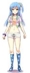  bangs bare_legs blue_hair blush bracelet breasts closed_mouth cropped_jacket full_body highres jacket jewelry light_brown_eyes looking_at_viewer medium_breasts midriff multicolored_hair navel one_side_up orange_shirt pink_jacket shirt short_shorts short_sleeves shorts simple_background smile socks solo standing star star_print streaked_hair striped striped_shirt striped_shorts tonee white_background 