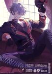  1boy arm_rest belt black_belt black_gloves black_jacket black_pants boots bracelet breast_pocket collar copyright_name copyright_notice couch countdown crossed_bangs curtains dated double-parted_bangs ensemble_stars! epaulettes foot_out_of_frame fringe_trim gloves gold_trim grey_boots grey_collar grey_hair grey_shirt grin hair_between_eyes half_gloves hand_up hat head_tilt holding holding_unworn_clothes holding_unworn_hat indoors jacket jewelry key knee_up lace-up_boots lapels long_sleeves looking_at_viewer male_focus notched_lapels o-ring o-ring_belt official_alternate_costume official_art ogami_koga on_couch one_eye_closed open_mouth pants pectoral_cleavage pectorals pocket reclining shirt short_hair shoulder_belt sidelighting single_epaulette sitting smile solo spread_legs thigh_boots unworn_hat unworn_headwear v-neck window yamakawa yellow_eyes 