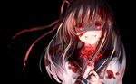  black_background blood blood_on_face bloody_clothes bloody_hair bloody_hands blush brown_hair evil_grin evil_smile eyebrows_visible_through_hair flower grin hair_ribbon head_tilt highres holding holding_flower long_hair long_sleeves looking_at_viewer original red_eyes red_ribbon ribbon school_uniform serafuku shirt sll smile solo spider_lily upper_body 