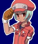  cabbie_hat cosplay gloves green_hair hat jacket looking_at_viewer muu_(mumumer) red_eyes red_jacket rockman rockman_dash rockman_dash_3 roll_caskett sera_(rockman_dash) short_hair solo 