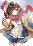  1girl bob_cut bow bowtie brown_eyes brown_hair buttons coat looking_at_viewer morikura_en open_clothes open_coat original plaid plaid_scarf pleated_skirt red_scarf scarf school_uniform short_hair skirt sleeves_past_wrists smile snowflakes snowing standing teeth uniform wind wind_lift winter_clothes 
